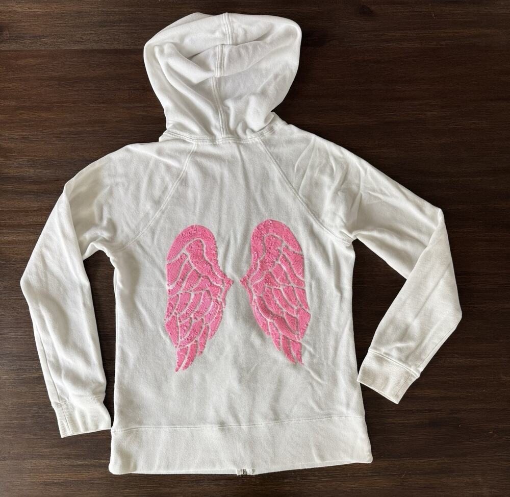 Victoria’s Secret Y2K Angel Wings Hoodie Women’s Medium White Pink Sequin Bling